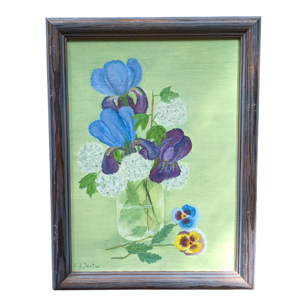 Vintage Mid-Century‎ Floral Oil Painting, Pansies Iris Snowballs, Mint Green